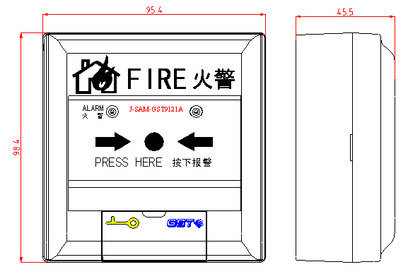 J-SAM-GST9121A手动火灾报警按钮外形结构示意图