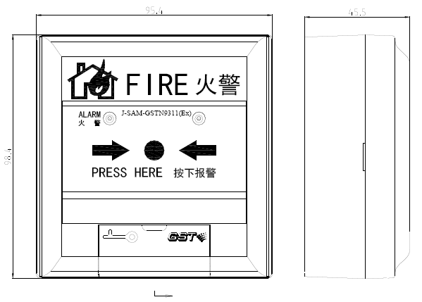 J-SAM-GSTN9311(Ex)防爆手动火灾报警按钮外形示意图