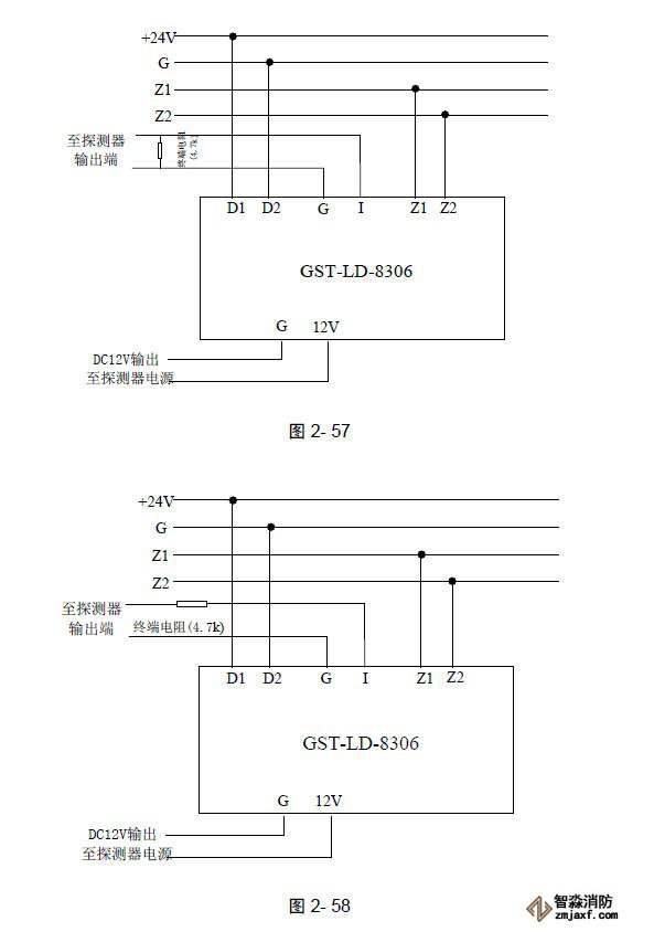 GST-LD-8306输入模块与常闭无源触点的防盗探测器接线示意图