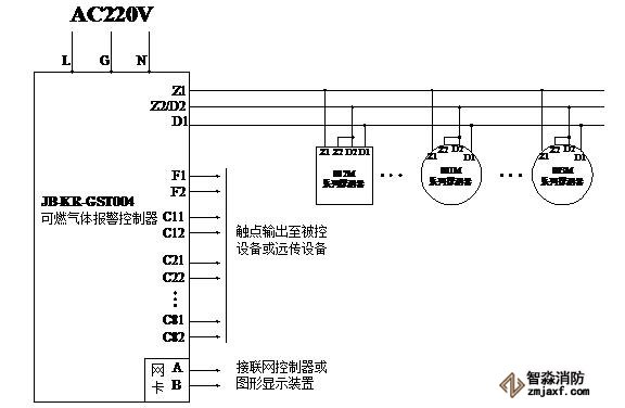 海湾JB-KR-GST004可燃气体报警控制器系统应用接线图