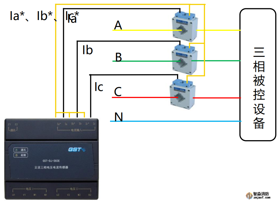 海湾交流三相电压电流传感器GST-DJ-S63E接线方式2